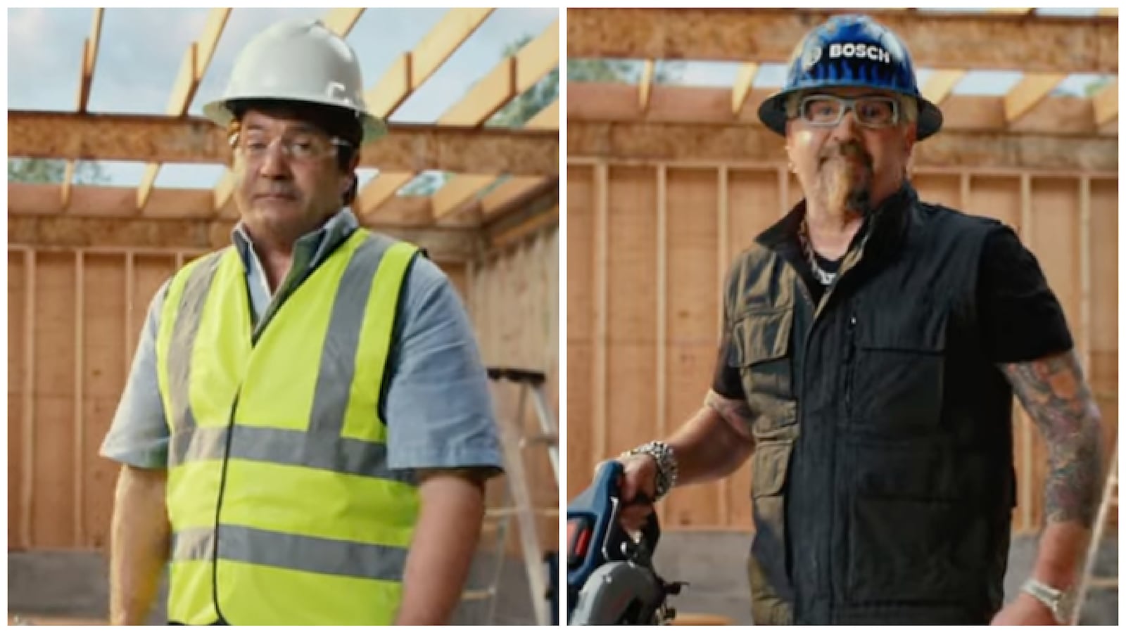 Guy Fieri in his new Bosch Super Bowl Ad. On the left, he's "Just a guy," but on the right, he's the Guy Fieri.