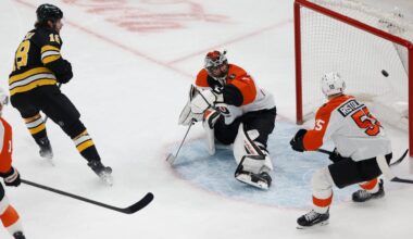 Bruins center Pavel Zacha was injured shortly after scoring in the first period of a Jan. 29 game against the Flyers.