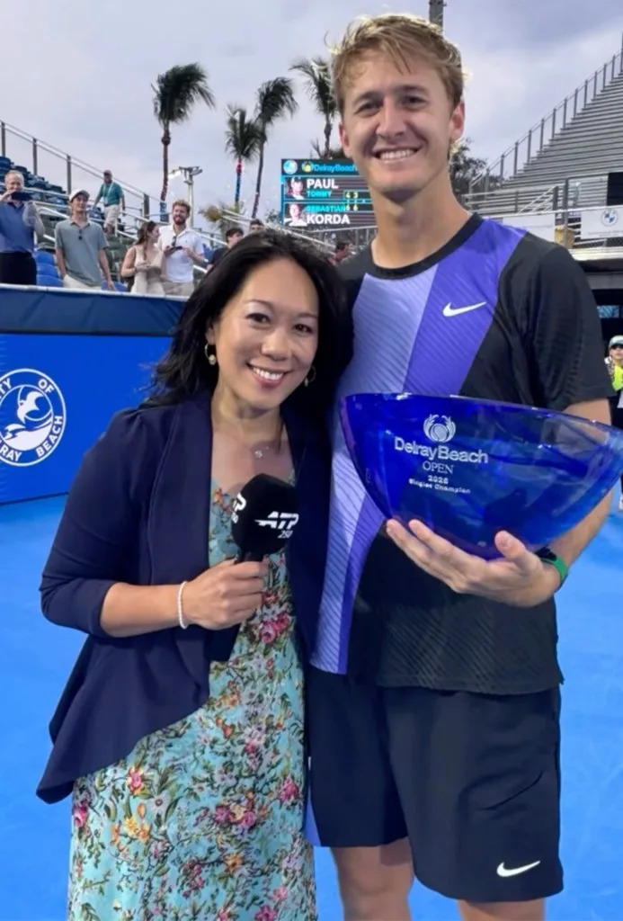 Michelle Yu with Sebastian Korda following his Delray Beach Open win. @michelleyutv/Instagram