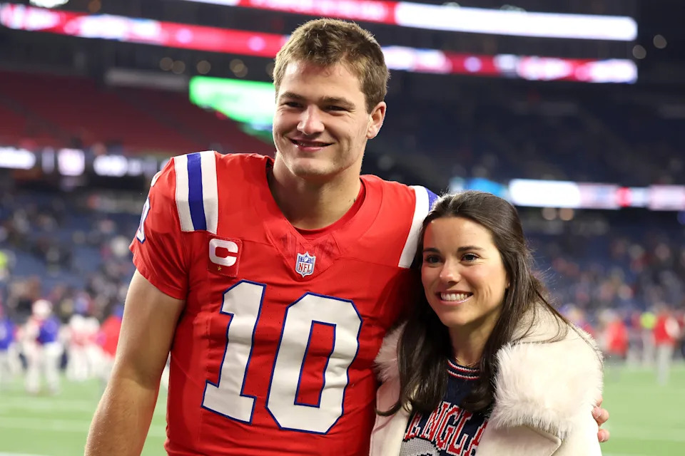 Drake Maye of the New England Patriots and his wife Ann Michael Maye. (Maddie Meyer/Getty Images)