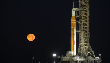 The Moon rises behind NASA’s Artemis II SLS (Space Launch System) rocket and Orion spacecraft atop a mobile launcher at Launch Complex 39B at NASA’s Kennedy Space Center in Florida on Sunday, Feb. 1,. 2026. The Artemis II test flight will take Commander Reid Wiseman, Pilot Victor Glover, and Mission Specialist Christina Koch from NASA, and Mission Specialist Jeremy Hansen from the CSA (Canadian Space Agency), around the Moon and back to Earth.