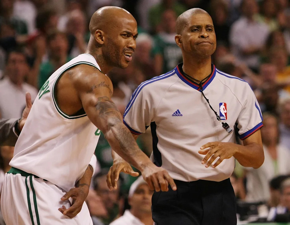 BOSTON - APRIL 28: Stephon Marbury #8 of the Boston Celtics tries to discuss a call with referee Sean Corbin in Game Five of the Eastern Conference Quarterfinals against the Chicago Bulls during the 2009 NBA Playoffs at TD Banknorth Garden on April 28, 2009 in Boston, Massachusetts. The Celtics defeated the Bulls 106-104 in overtime. NOTE TO USER: User expressly acknowledges and agrees that, by downloading and or using this photograph, User is consenting to the terms and conditions of the Getty Images License Agreement. (Photo by Elsa/Getty Images)