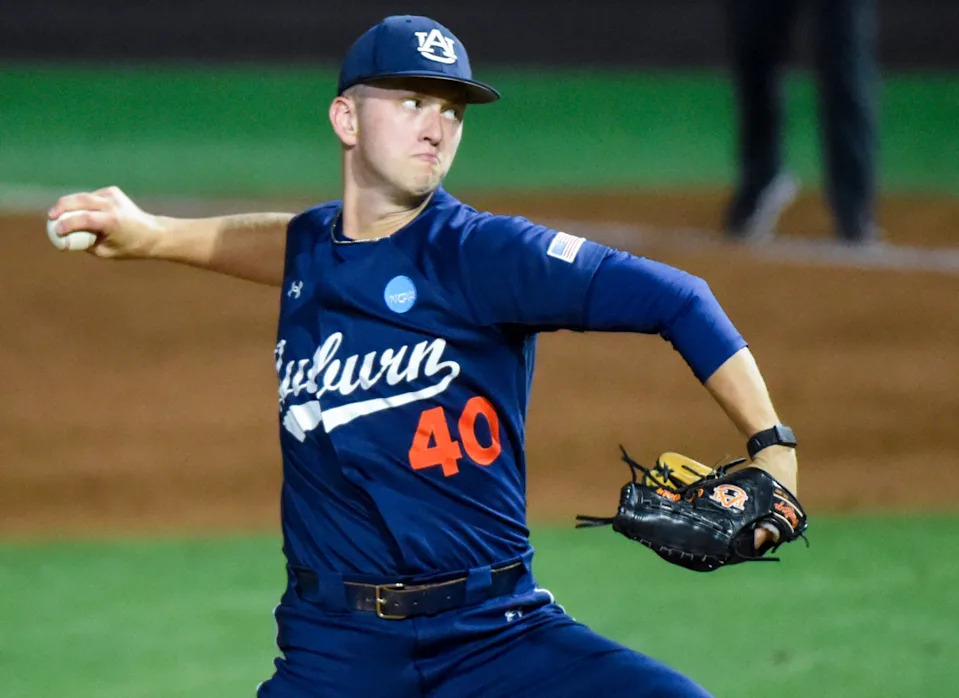 Auburn Tigers' Cam Tilly (40) pitches against the Central Connecticut State Blue Devils during the NCAA Regional Baseball Tournament at Plainsman Park in Auburn, Ala., on Friday May 30, 2025.