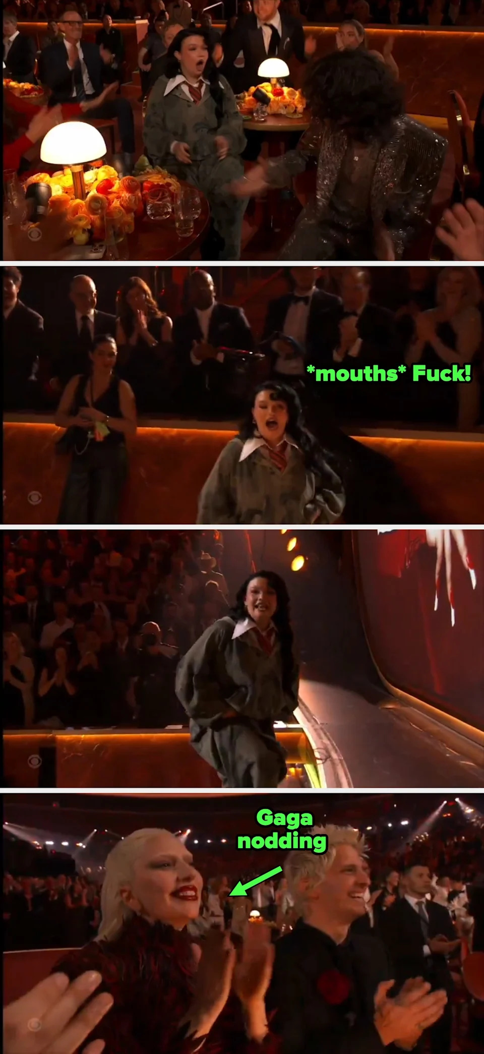 People cheer at an event; a person is wearing a baggy suit and another is in a sparkling outfit