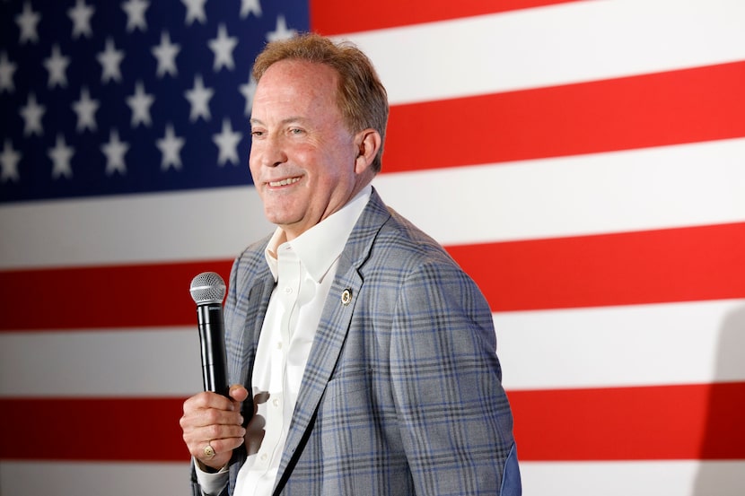 Texas Attorney General Ken Paxton speaks during a campaign event at Matt's Rancho Martinez,...