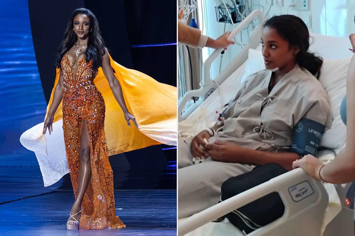 From left: Miss Universe Jamaica Gabrielle Henry onstage Nov. 19, 2025; and in the hospital where she's recovering Mohan Raj/Getty; Gabrielle Henry/Instagram