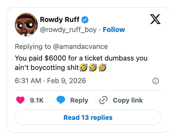 Tweet mocking someone for buying a $6000 ticket despite claiming to boycott, with laughing emojis