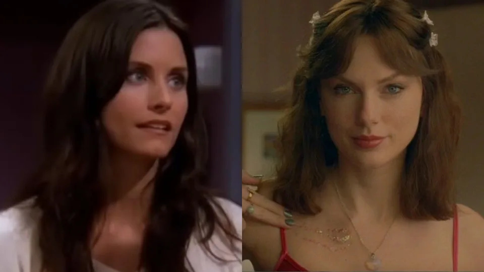 From left to right: Courteney Cox in Friends and Taylor Swift in the Opalite music video. . 