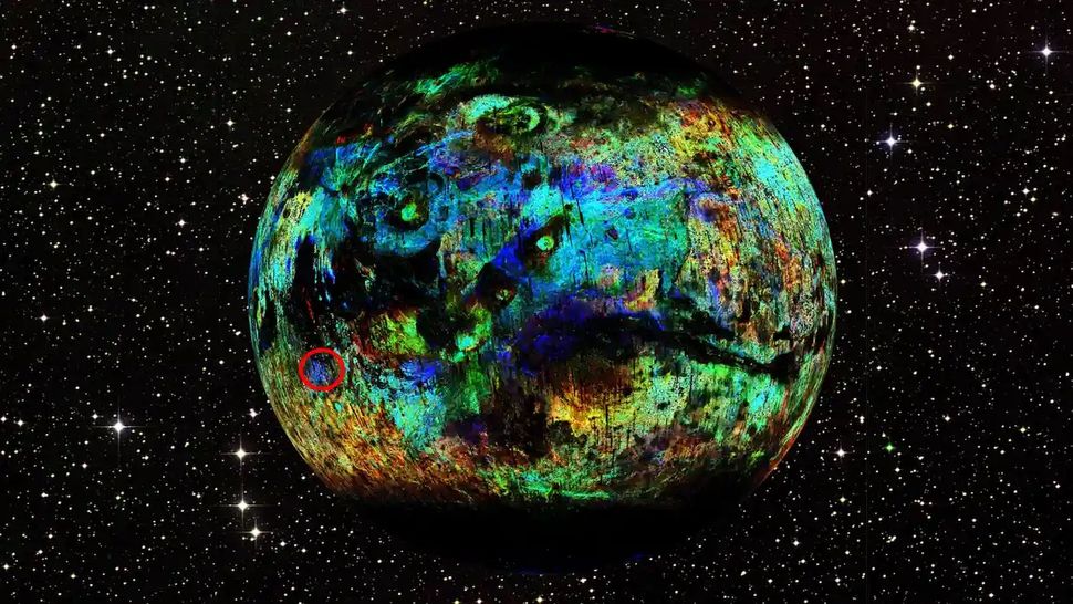 A multicolor map of Mars highlighting the location of the crater that birthed Black Beauty