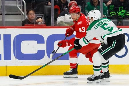 Dec 23, 2025; Detroit, Michigan, USA; Detroit Red Wings left wing John Leonard (43) skates with the puck defended by Dallas Stars defenseman Nils Lundkvist (5) in the second period at Little Caesars Arena. Mandatory Credit: Rick Osentoski-Imagn Images