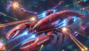 An AI-generated image of an AI-generated space game, which features a crustacean theme.