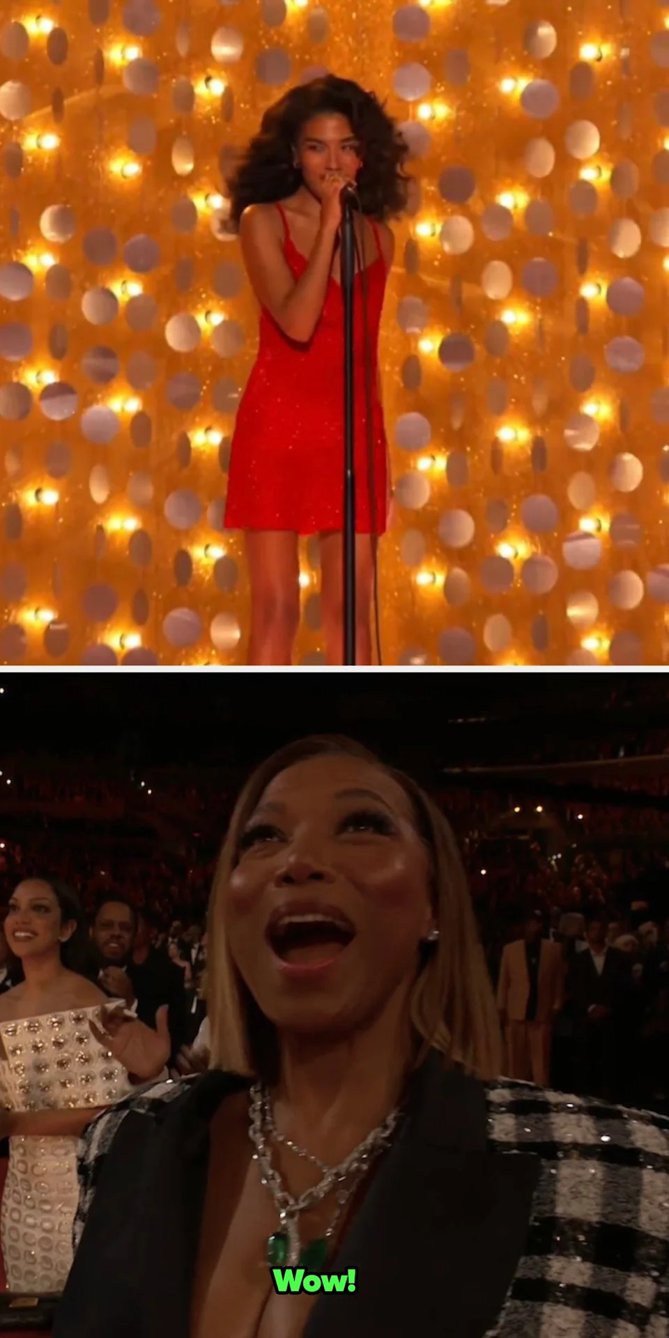 Person in sparkly dress sings on stage with circular, lighted backdrop