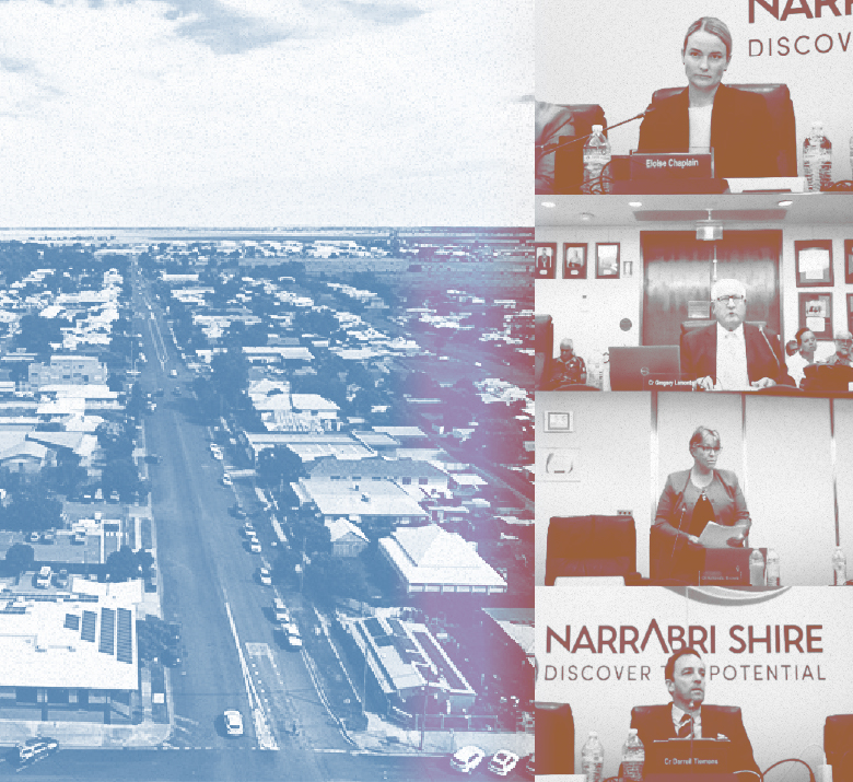 Composite image shows four council members from Narrabri speaking at a meeting beside an aerial drone view of the town. 
