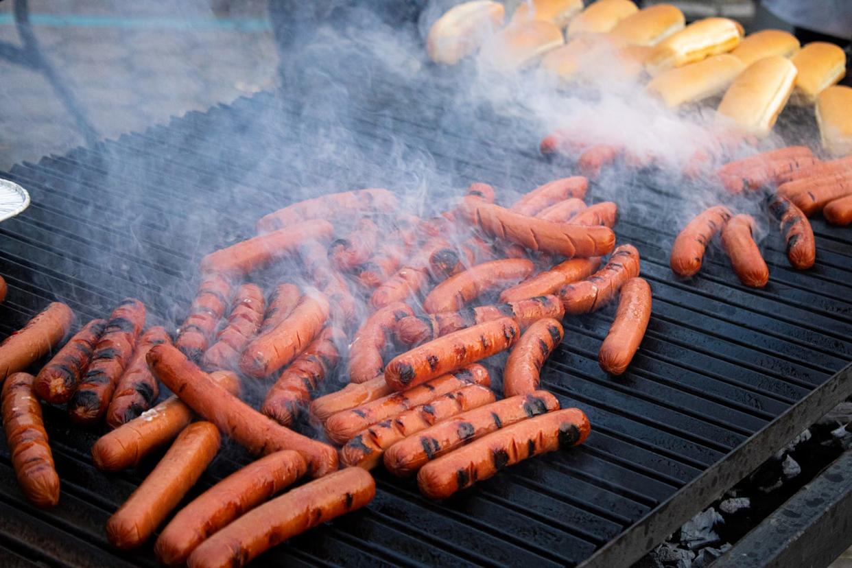 high angle view of meat on barbecue grill