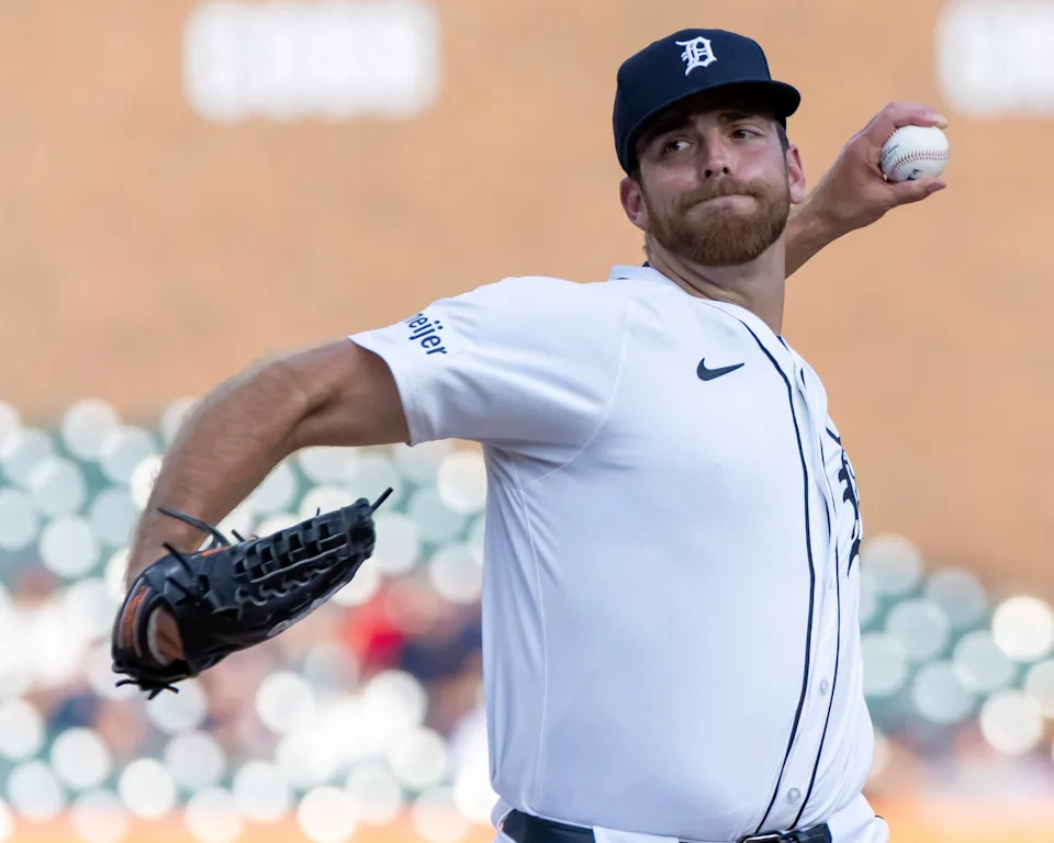 Detroit Tigers relief pitcher Bryan Sammons delivers in his MLB debut in the first inning against the Cleveland Guardians at Comerica Park on Monday, July 29, 2024 in Detroit.