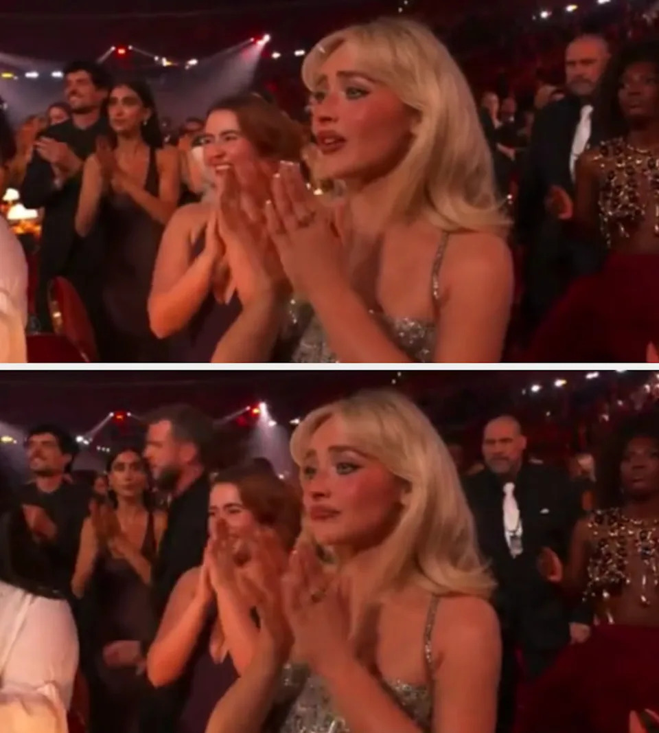 Sabrina at the Grammys, looking emotional