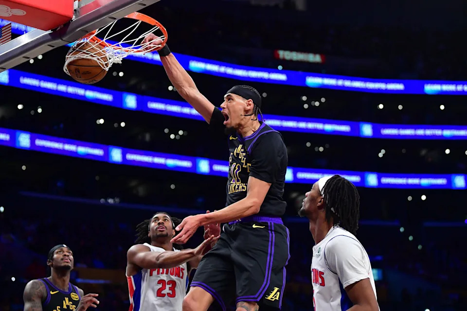 Dec 30, 2025; Los Angeles, California, USA; Los Angeles Lakers center Jaxson Hayes (11) dunks for the basket against the Detroit Pistons during the second half at Crypto.com Arena. Mandatory Credit: Gary A. Vasquez-Imagn Images