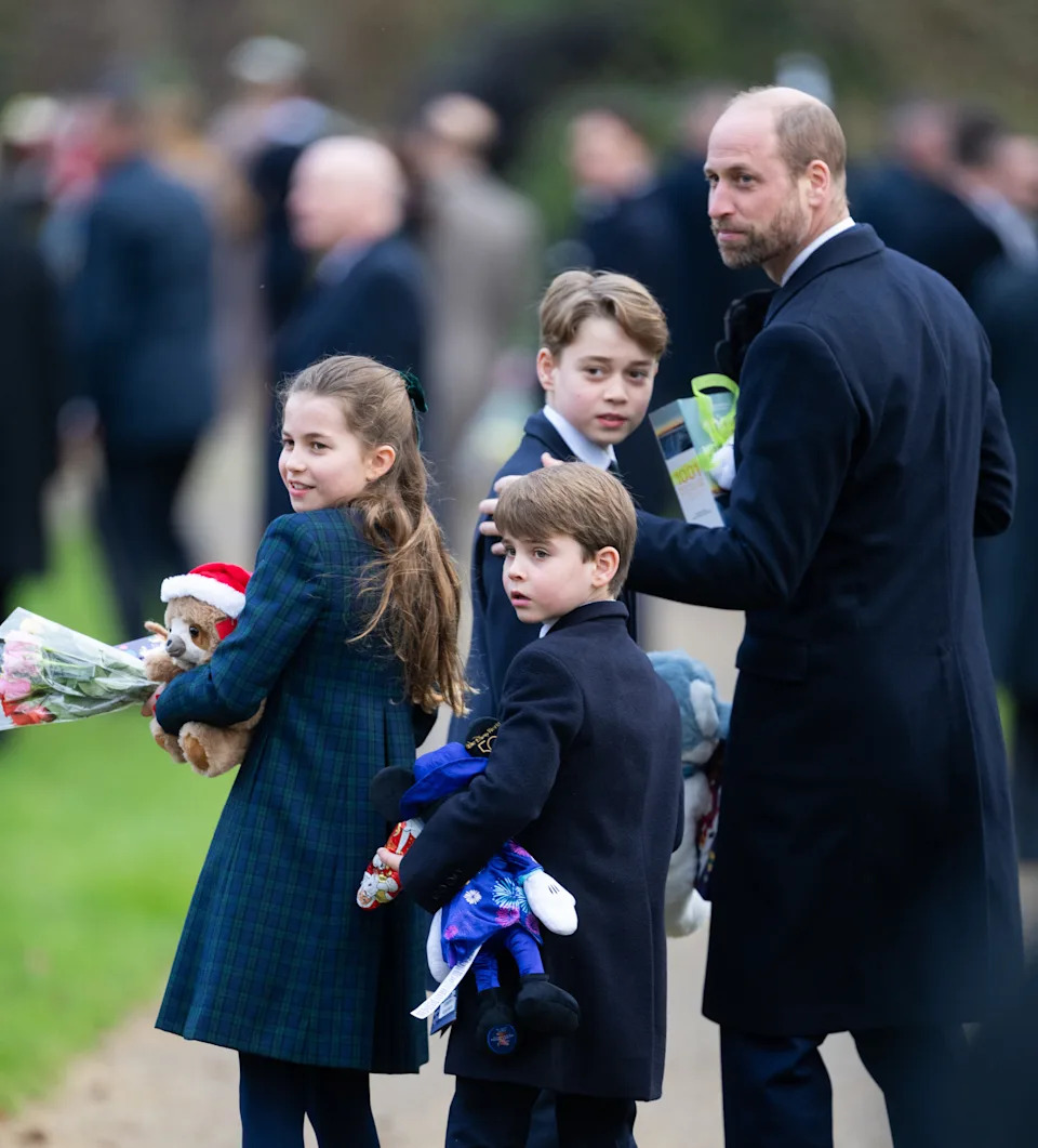 SANDRINGHAM, NORFOLK - DECEMBER 25: Princess Charlotte of Wales,  Prince Louis of Wales, Prince George of Wales and Prince William, Prince of Wales attend the Christmas Morning Service at Sandringham Church on December 25, 2024 in Sandringham, Norfolk. (Photo by Samir Hussein/WireImage)