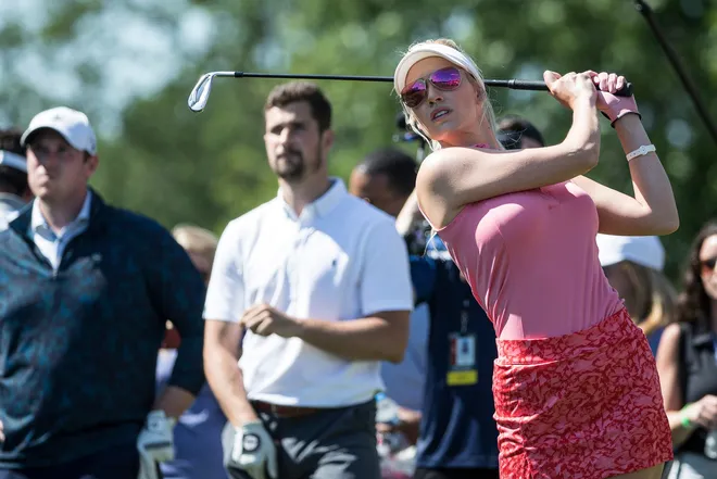 Paige Spiranac tees off for the 15th hole during the AREA 313 Celebrity Challenge of the Rocket Mortgage Classic at Detroit Golf Club.
06252019 Pga Celebritychallenge 24