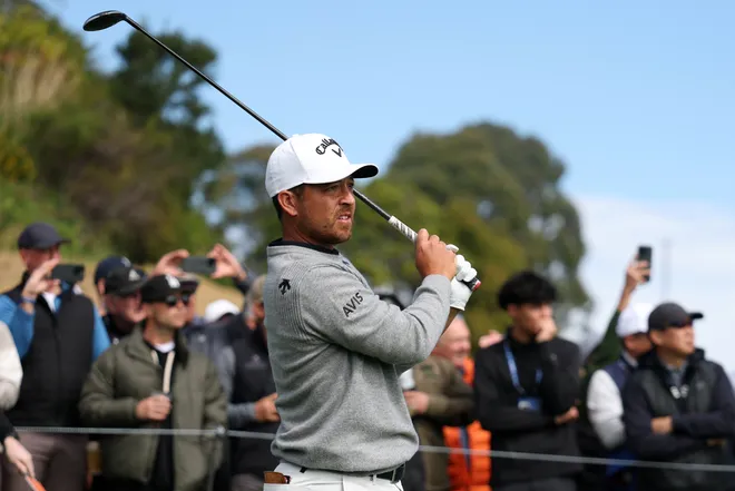 Xander Schauffele watches his tee shot on the 10th hole during the second round of The Genesis Invitational.