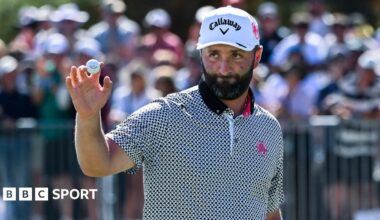 Jon Rahm of Legion XIII celebrates a birdie on day two of LIV Adelaide at The Grange Golf Club