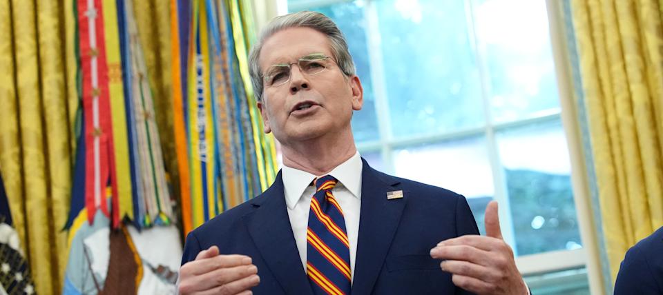 U.S. Treasury Secretary Scott Bessent speaks to reporters in the Oval Office.