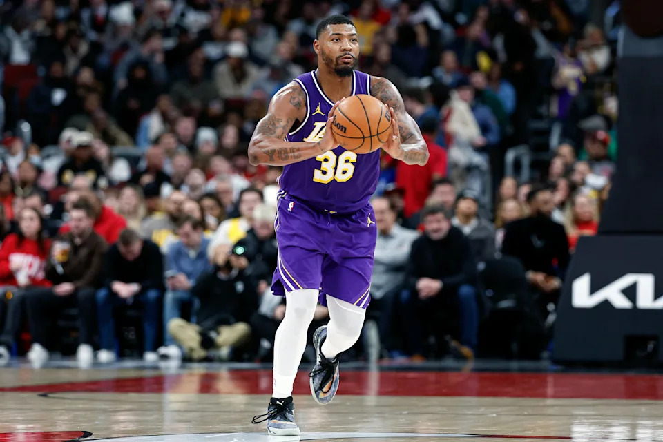Jan 26, 2026; Chicago, Illinois, USA; Los Angeles Lakers guard Marcus Smart (36) passes the ball against the Chicago Bulls during the second half at United Center. Mandatory Credit: Kamil Krzaczynski-Imagn Images