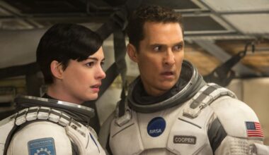 Matthew McConaughey as Joseph "Coop" Cooper and Anne Hathaway as Dr. Amelia Brand in Interstellar.