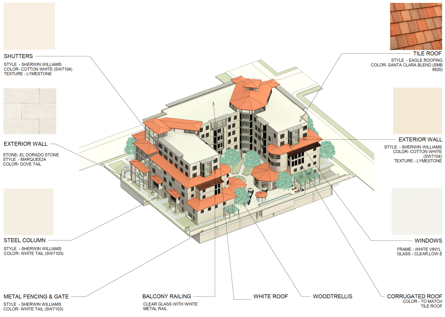 910 Webster Street facade materials labeled, illustration by Carrasco & Associates