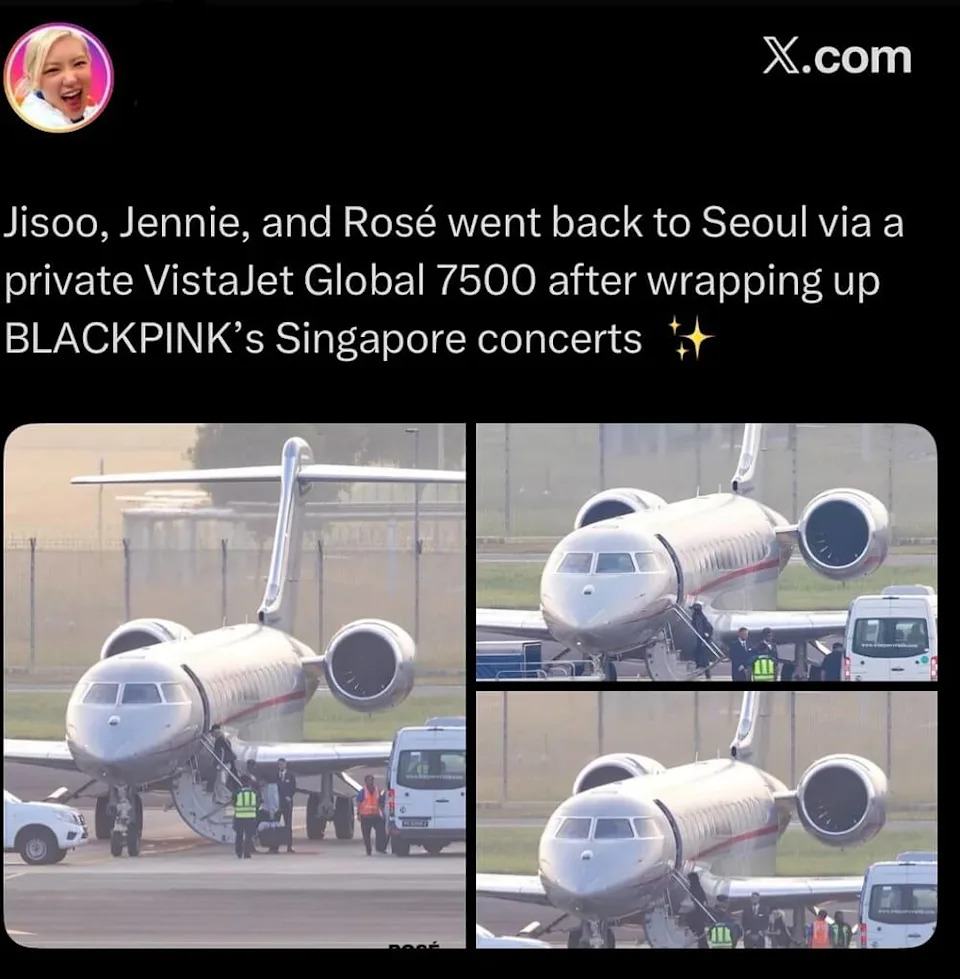 One Redditor compiled various images and tweets shared by South Korean pop music group Blackpink, juxtaposing its pro-climate action messaging with an apparent fondness for private jets.