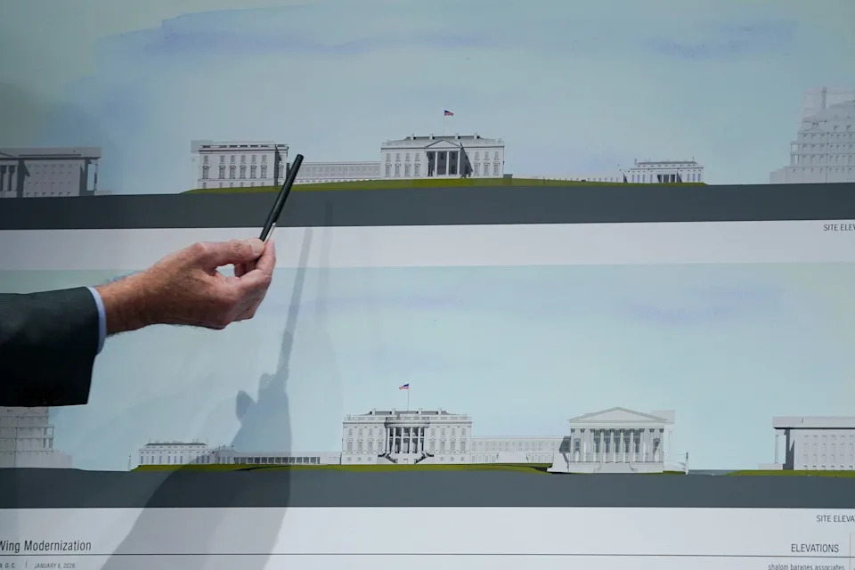 Shalom Baranes, whose architecture firm is leading the ballroom project, shows a presentation during a National Capital Planning Commission hearing on White House East Wing renovations in Washington, D.C., U.S., January 8, 2026. REUTERS/Nathan Howard