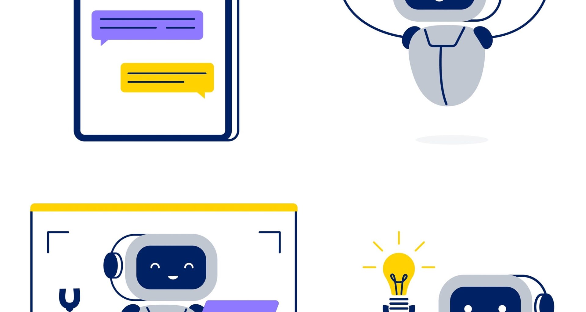 Chatbot or AI assistant in different tasks. Robot helps to find solutions, answers, and ideas. Vector flat illustrations isolated on a white background.