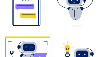 Chatbot or AI assistant in different tasks. Robot helps to find solutions, answers, and ideas. Vector flat illustrations isolated on a white background.
