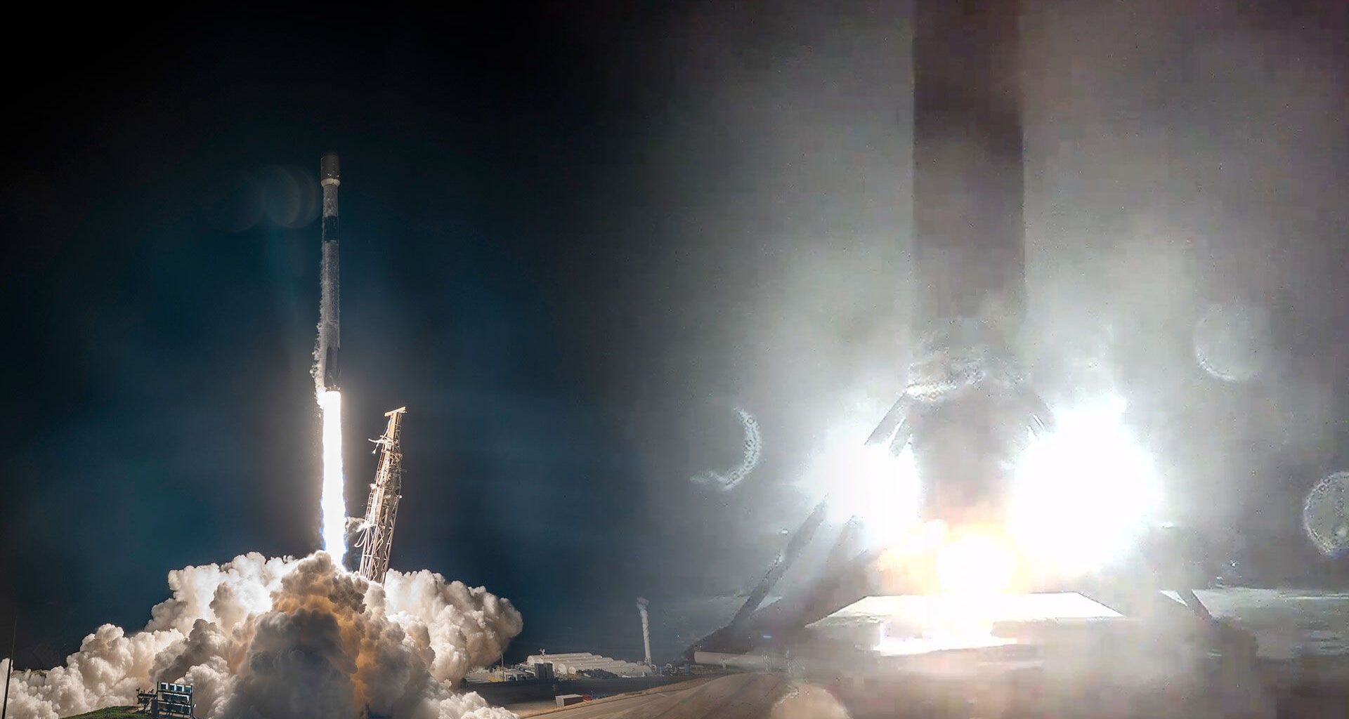 a split-screen view of a rocket launch and a first stage landing, both at night