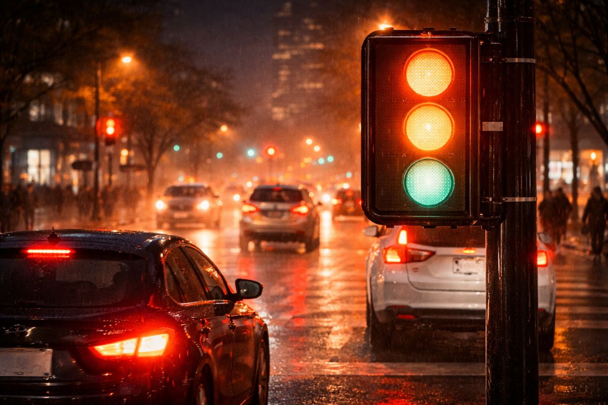 In cities across the United States, red traffic lights have gained a variation: pedestrian signals use Portland orange at intersections, and in low visibility the difference can disappear, generating hesitation and risk when interpreting the "Do Not Cross" phase.