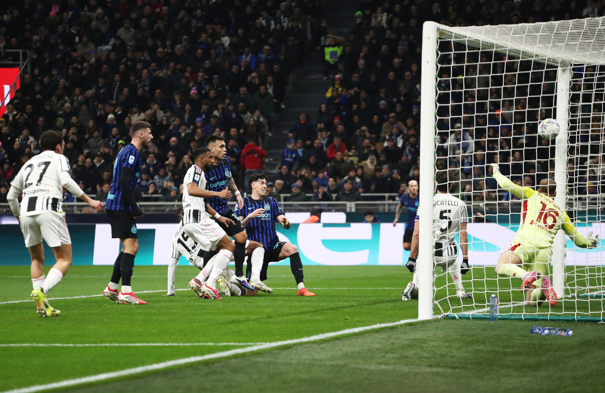 MILAN, ITALY - FEBRUARY 14: Alessandro Bastoni of FC Internazionale Milano shoots and hits the post during the Serie A match between FC Internazionale and Juventus FC at Giuseppe Meazza Stadium on February 14, 2026 in Milan, Italy. (Photo by Marco Luzzani/Getty Images)
