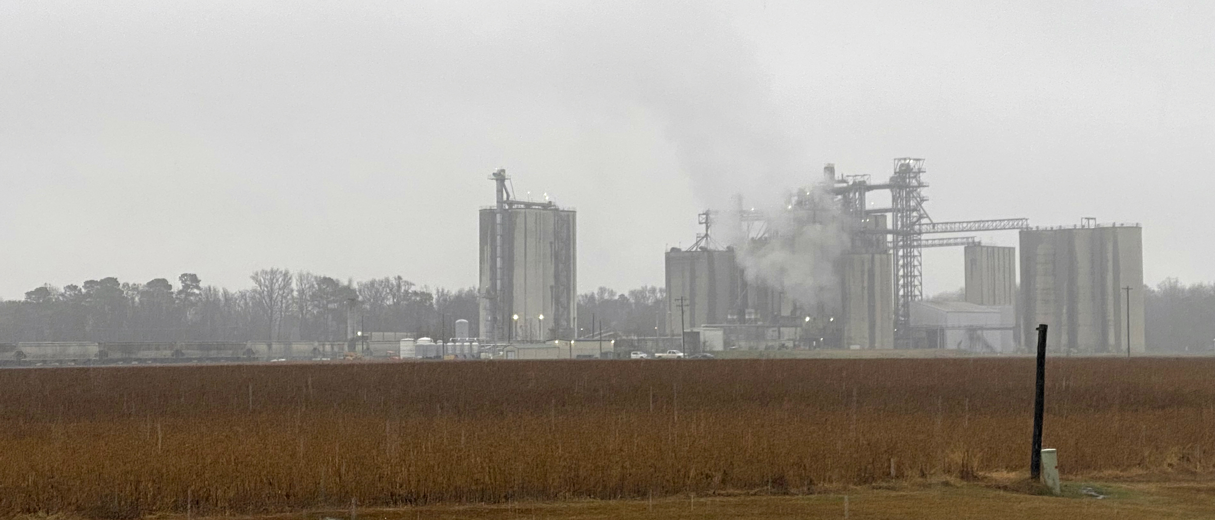 The Align RNG biogas plant will process methane gas piped in from 19 swine farms and inject it into a Piedmont Natural Gas pipeline. The small silver cylinders of the facility sit to the left of the Smithfield feed silos in Turkey, N.C. Credit: Blanca Begert/Inside Climate News