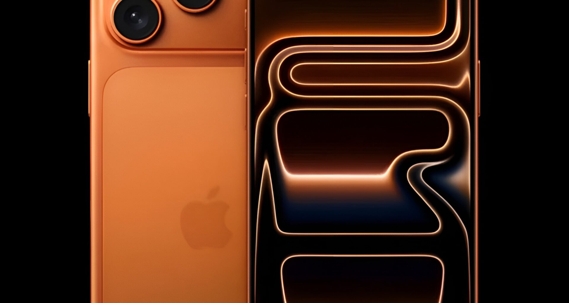The image shows the Apple iPhone 15 Pro in orange, highlighting its triple-camera system and a dynamic orange and black