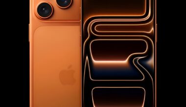 The image shows the Apple iPhone 15 Pro in orange, highlighting its triple-camera system and a dynamic orange and black