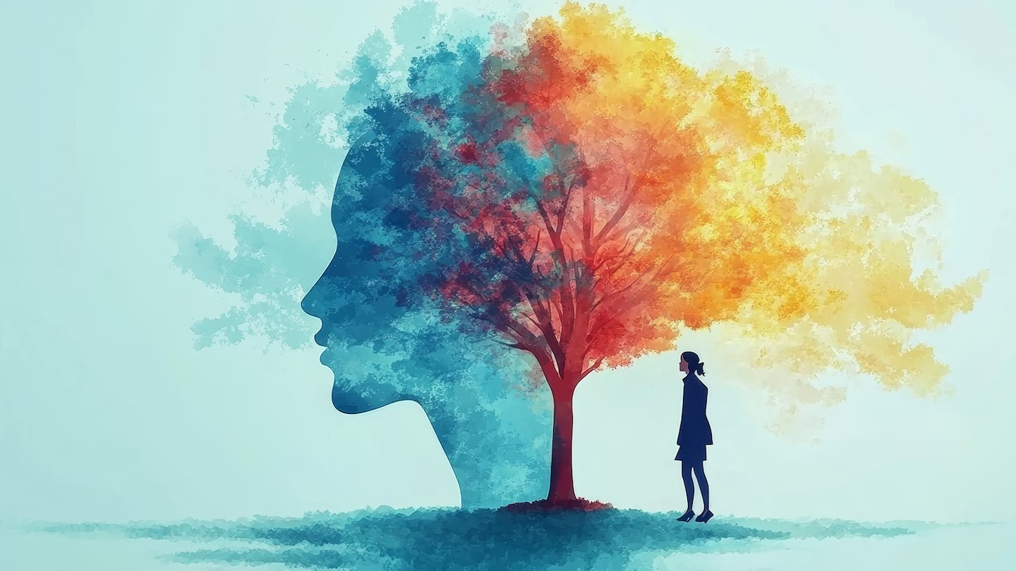 Color illustration of a silhouette of a woman standing to the right of a red a yellow-leaved tree that morphs into a calming blue woman's face profile.