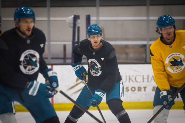 San Jose Sharks' Shakir Mukhamadullin (85), center, skates during practice in San Jose, Calif., on Wednesday, Feb. 25, 2026. (Shae Hammond/Bay Area News Group)