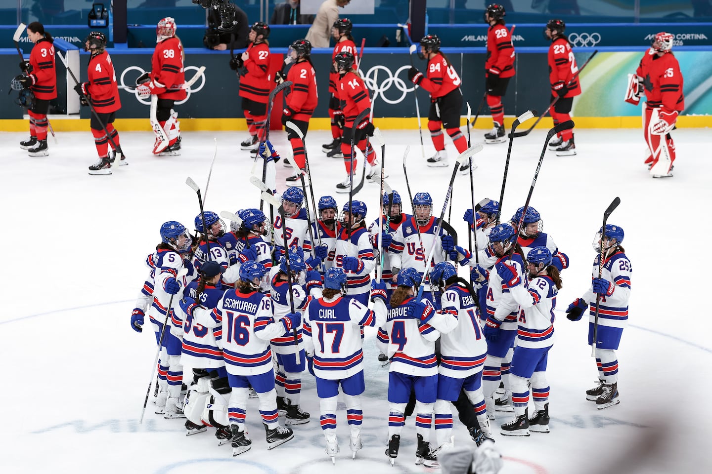 The United States had plenty to celebrate after a lopsided win over rival Canada at Santagiulia Arena on Tuesday.