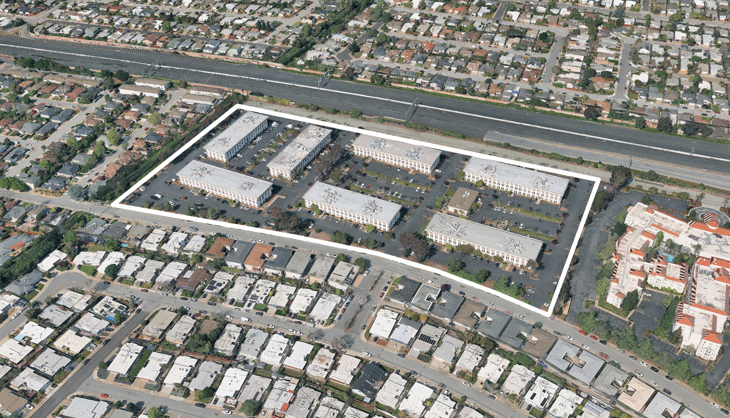 Bayshore Commons, image via Google Satellite outlined approximately by YIMBY