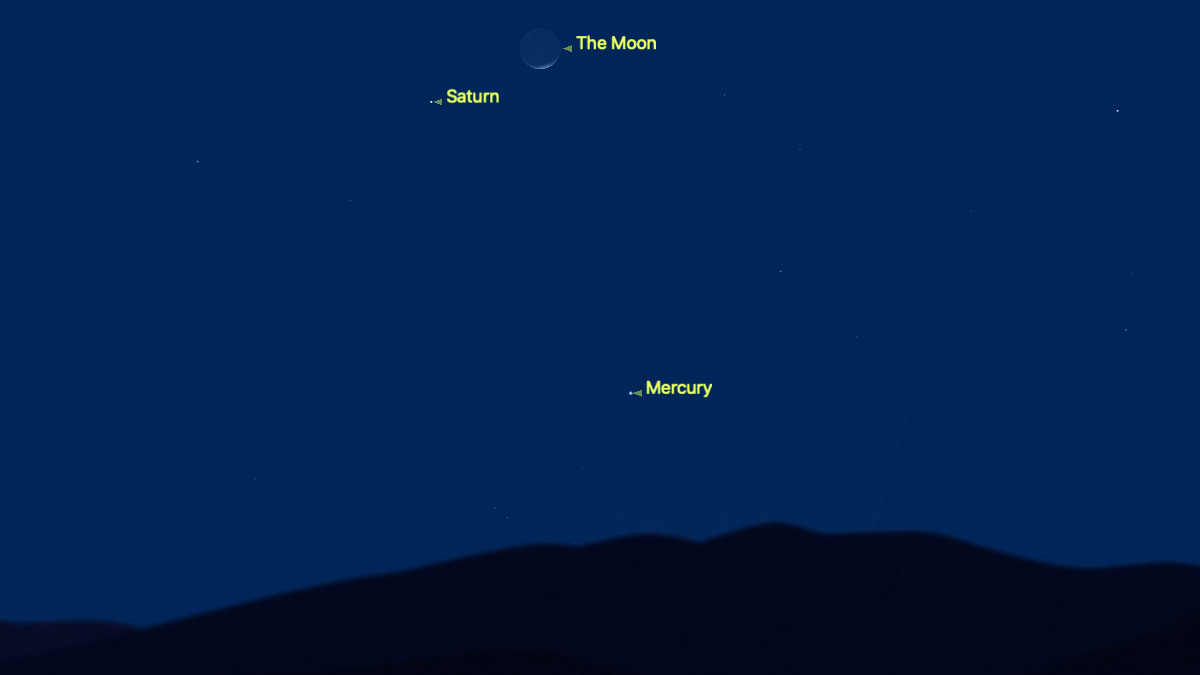 A simulation of the night sky for Feb. 19 showing the thin, upturned crescent of the waxing moon in a dark blue sky above a black silhouetted horizon, with Saturn labelled close to the lower left of the lunar disk and Mercury below, close to the horizon.