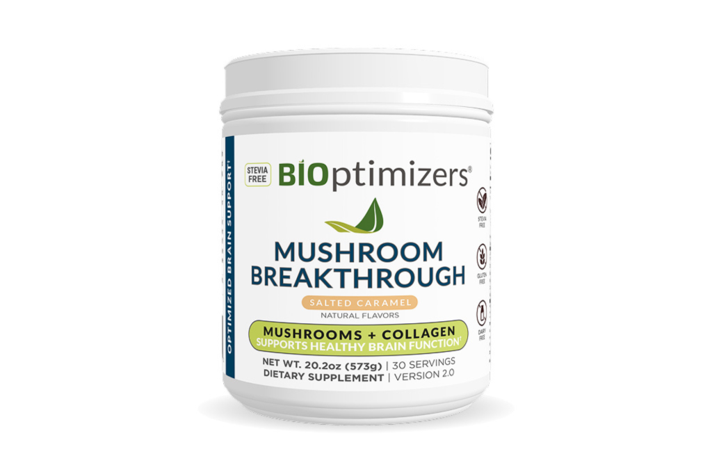 BiOptimizers Mushroom Breakthrough, Salted Caramel flavored powder supplement.