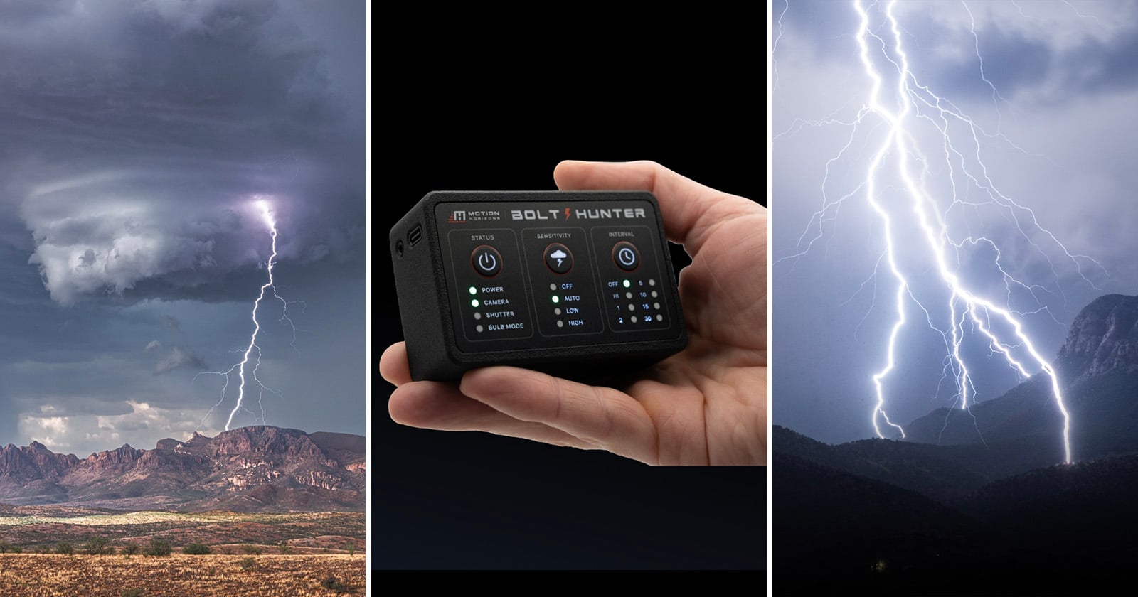 A collage with three panels: a lightning bolt striking over mountains, a hand holding an electronic device labeled "Bolt Hunter," and another vivid lightning strike illuminating a mountainous landscape at night.