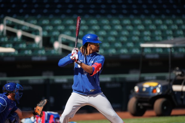 Cubs outfielder Kevin Alcántara stands at the plate during live batting practice at spring training at Sloan Park on Feb. 19, 2026 in Mesa, Ariz. (Armando L. Sanchez/Chicago Tribune)
