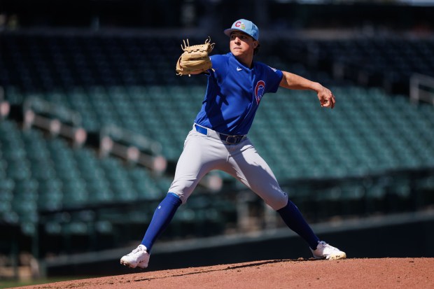 Cubs reliever Ryan Rolison pitches during live batting practice at spring training at Sloan Park on Feb. 19, 2026, in Mesa, Ariz. (Armando L. Sanchez/Chicago Tribune)