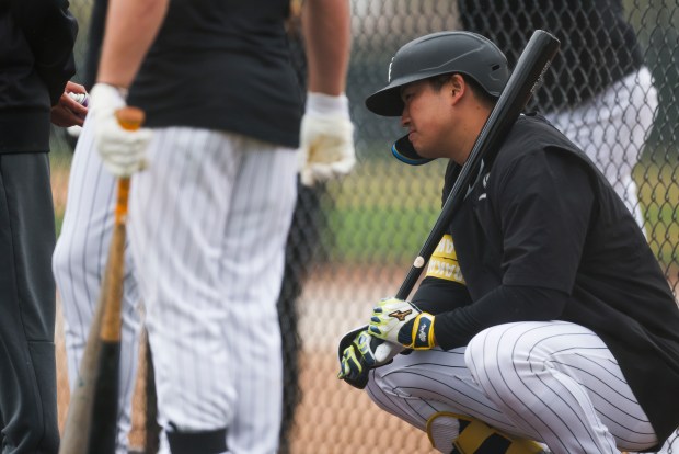 White Sox infielder Munetaka Murakami waits during live batting practice at spring training at Camelback Ranch on Feb. 18, 2026, in Glendale, Ariz. (Eileen T. Meslar/Chicago Tribune)