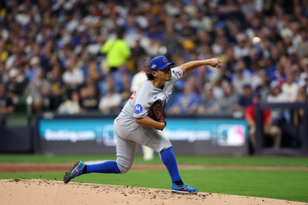 Shota Imanaga pitches during the first inning against the Brewers in Game 2 of the NL Division Series on Oct. 6, 2025, in Milwaukee. (Armando L. Sanchez/Chicago Tribune)
